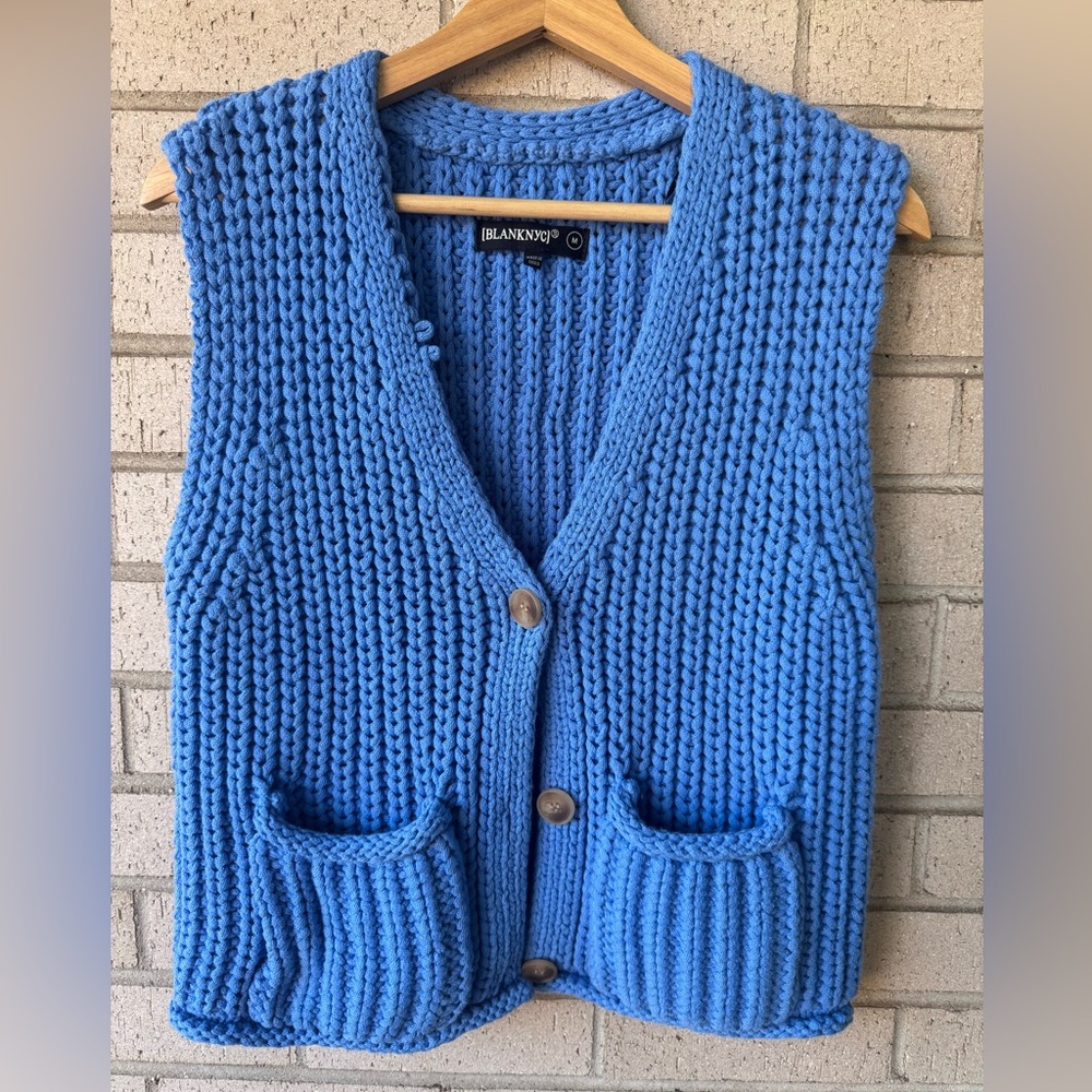 Blank NYC Chunky Knit Sweater Vest Med Blue Button Front Grandpa Coastal Preppy